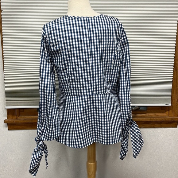 Universal Standard for J.Crew NWT Blue White Gingham Tie Sleeve Cutout Shirt - Picture 10 of 16